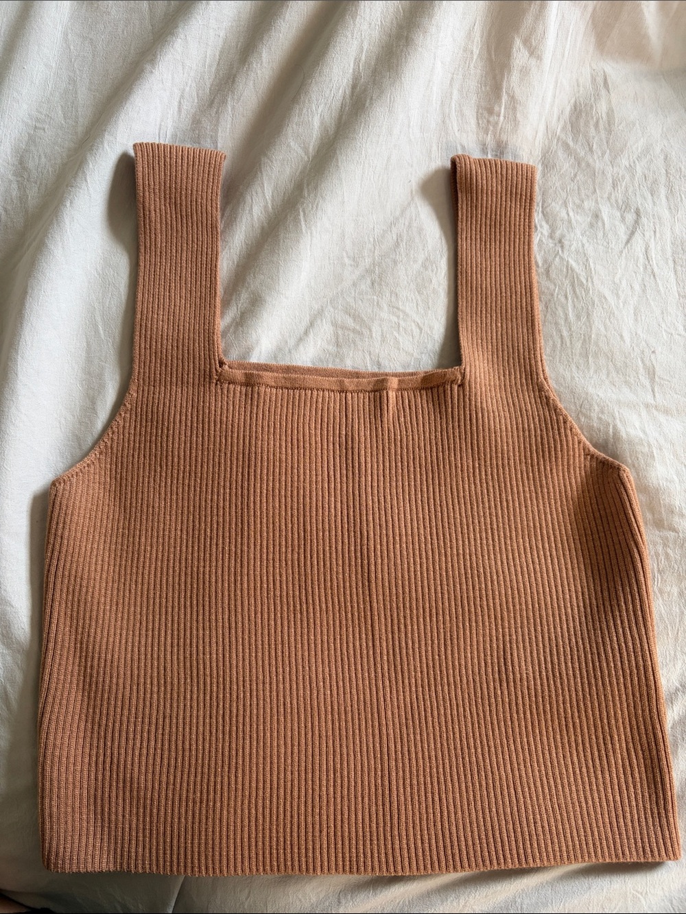 Ribbed Square Neck Cropped Tank Top - Camel